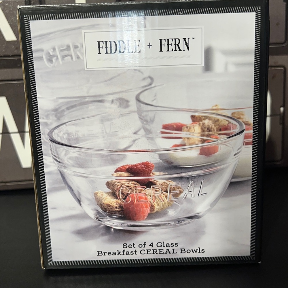New Fiddle + Fern Set of 4 Clear Glass Breakfast “CEREAL” Bowls (Grey Box B)